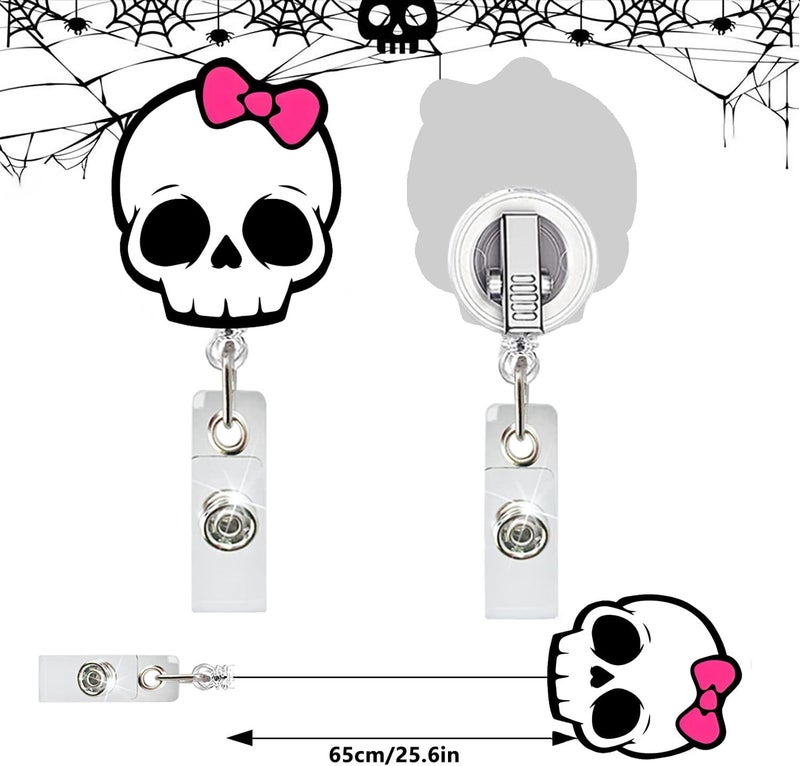 NSSHEL Skull Badge Reel Cute Retractable Badge Holder Name ID Badge Clip with Swivel Alligator Reel Clip Halloween Skull with Bow Badge Holders for Nurse Doctor Student Holiday Gift Idea - Image 3